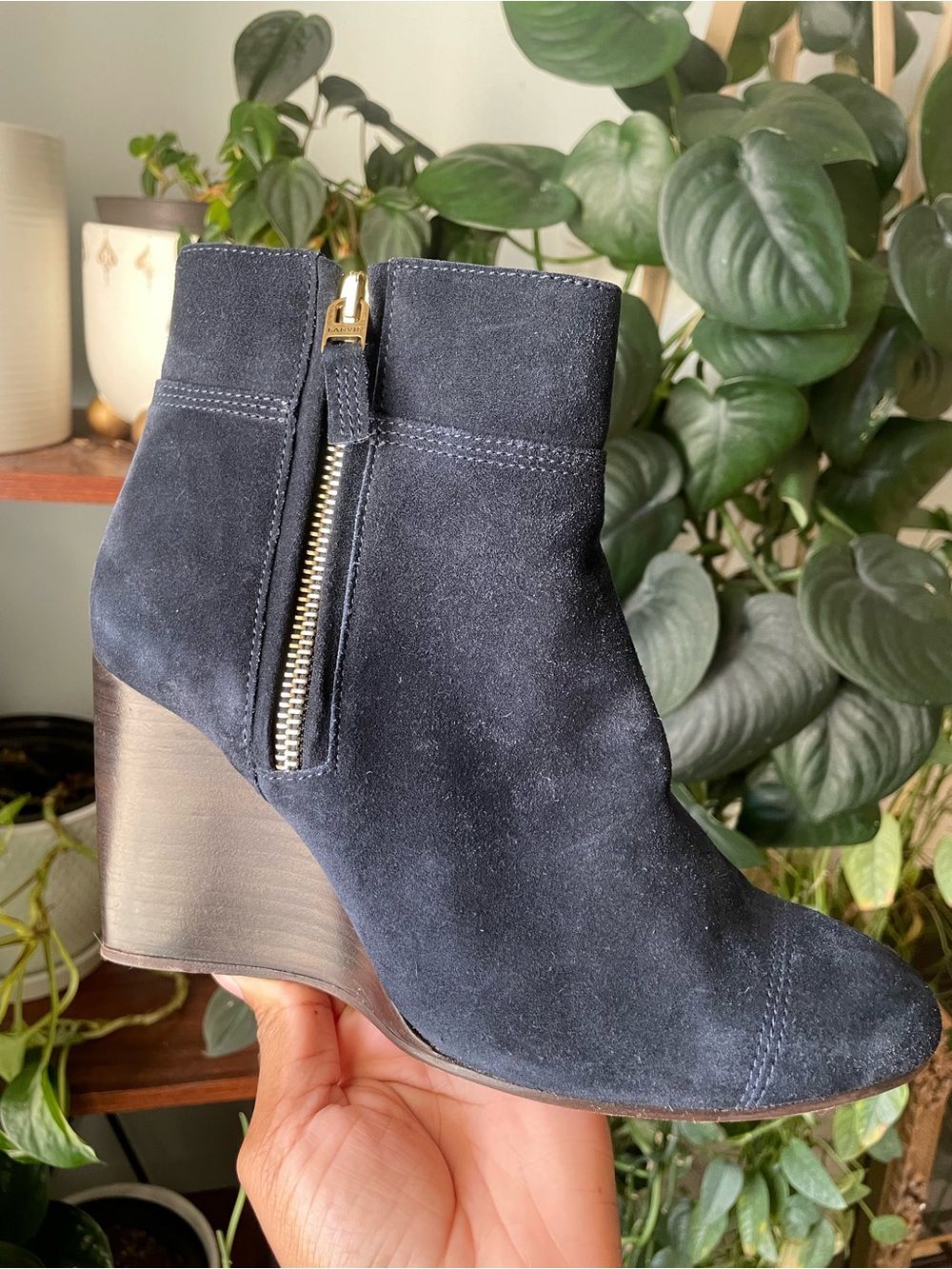 Lanvin Navy Blue Suede Wedge Booties Gold Side Zip US 7 EU 27 Designer Fall Chic